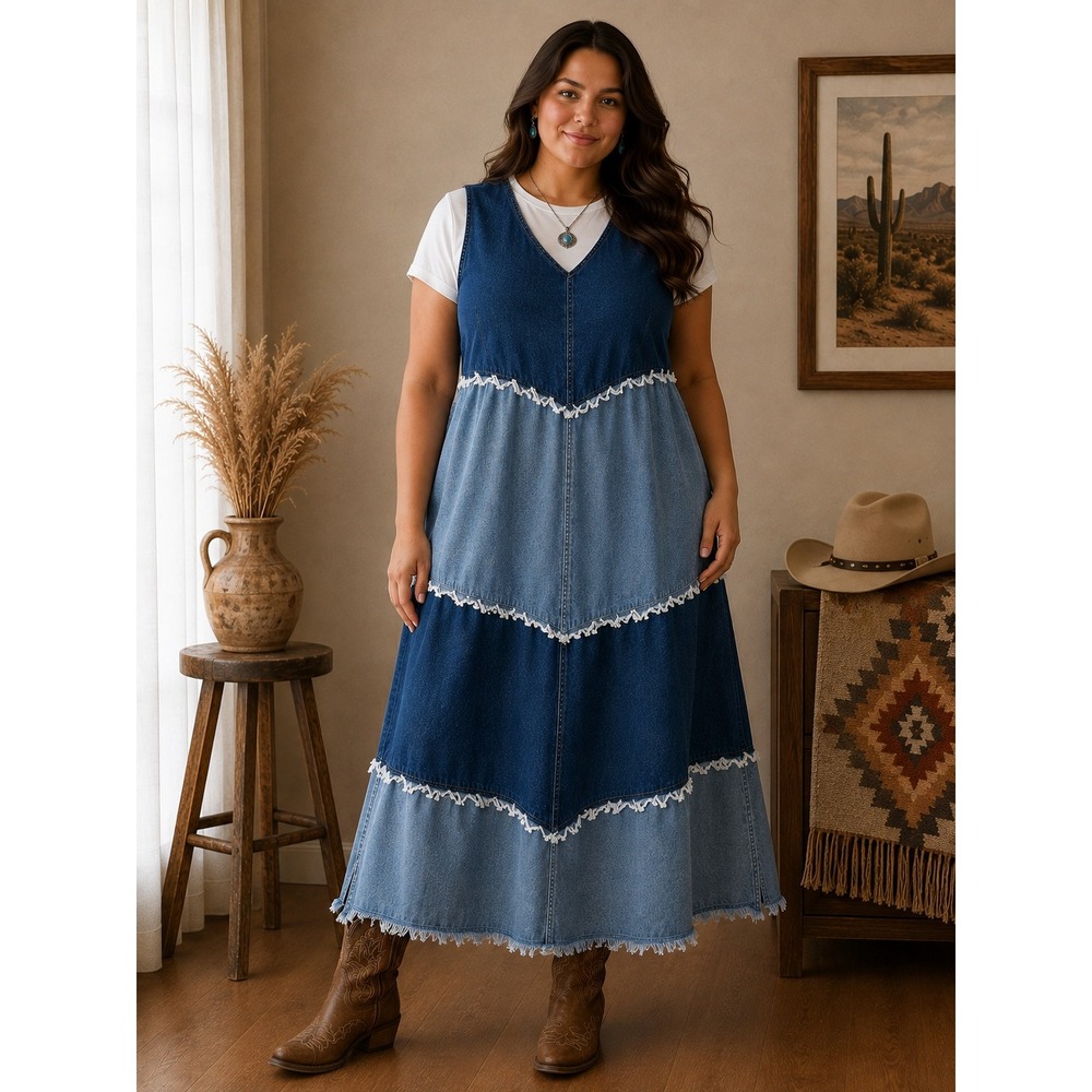 Vintage Jazzie Woman Denim Jumper Dress Womens 1X Cotton Patchwork Boho Western